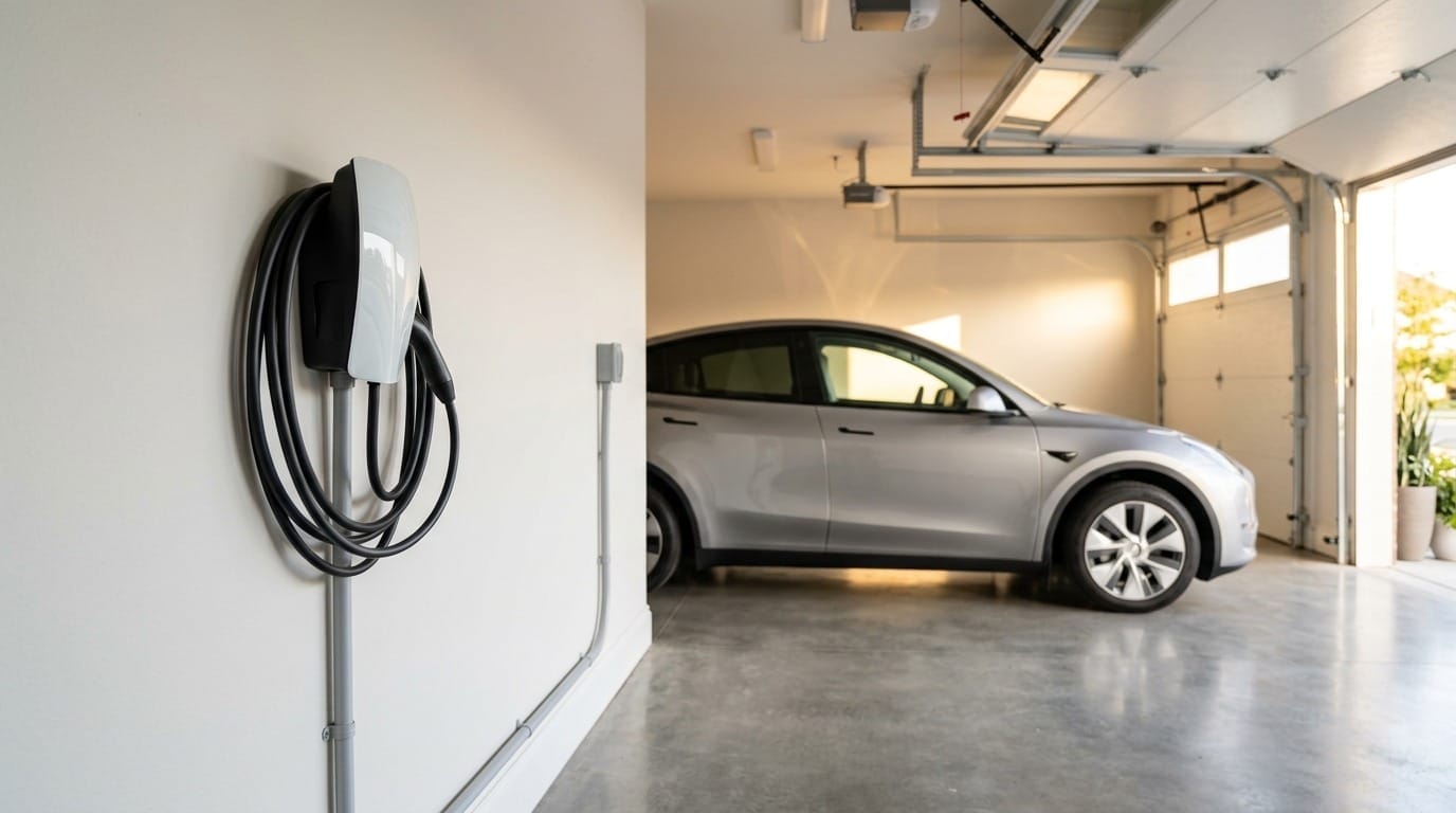Wall-mounted Level 2 EV charger in a modern residential garage with an EV parked nearby