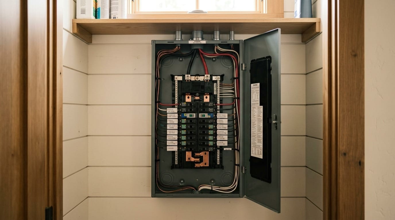 Newly finished 200-amp electrical panel with neatly labeled breakers in a Park City mountain home