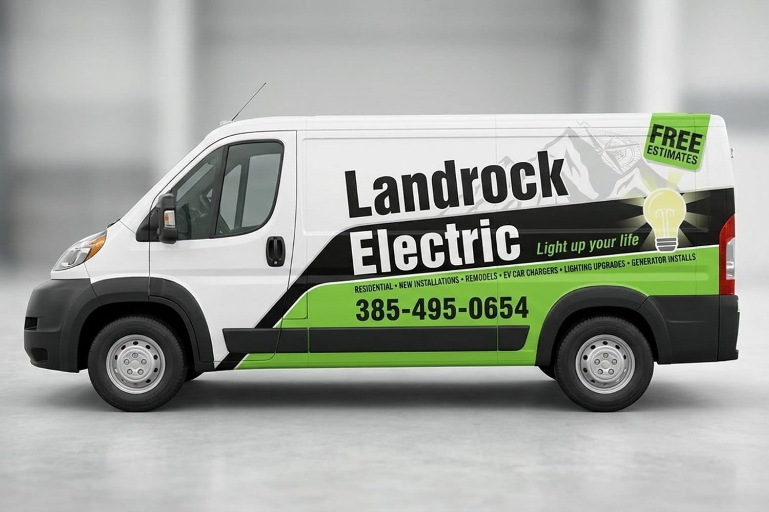 Landrock Electric service van with company branding, services, and phone number 385-495-0654